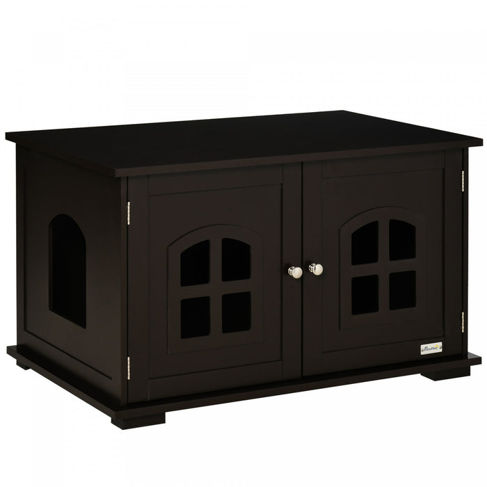 Pawhut Boite A Litiere Pour Chat Meuble Pour Chat Cache Toilette Interieure Pour Chat Table De Nuit A Double Porte Table D'extremite Avec Fenetre Pour Chat Cafe