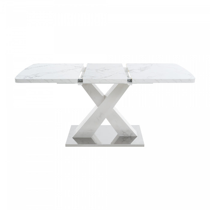 Table a manger rectangulaire moderne Lennon extensible de 47,24\" a 62,99\" avec plateau imprime marbre, blanc