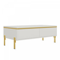  Lustra Table Basse Moderne Haute Brillance 39.4 po avec Double Tiroirs et Accents Dores, Blanc
