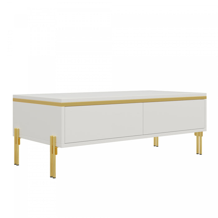 Lustra Table Basse Moderne Haute Brillance 39.4 po avec Double Tiroirs et Accents Dores, Blanc