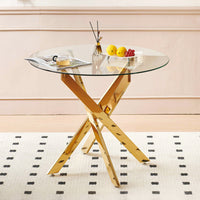  Table a manger ronde multifonctionnelle Alex avec plateau en verre, finition doree
