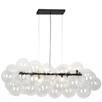 Luminaire suspendu horizontal Comet de Dainolite en verre transparent, avec fini noir mat et 10 ampoules
