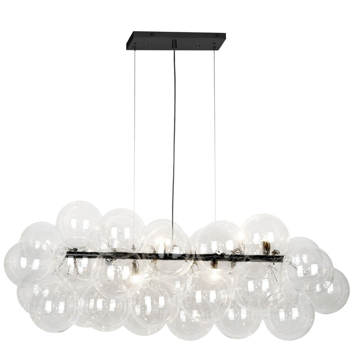 Luminaire suspendu horizontal Comet de Dainolite en verre transparent, avec fini noir mat et 10 ampoules