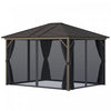 Outsunny 12 X 10 Ft Tonnelle Pavillon De Jardin Rigide Panneaux Toit Metal Epoxy Alu. 4 Parois Laterales Anti-uv 4 Moustiquaires Bronze Gris Et Noir
