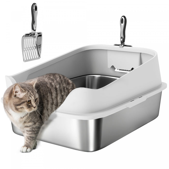 Bac a Litiere XL pour Chat en Acier Inoxydable avec Pelle, Gris