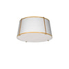 Plafonnier affleuré Trapezoid de Dainolite avec abat-jour cylindrique effilé doré et blanc qui diffuse la lumière, tissu blanc et 3 ampoules