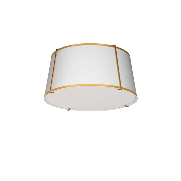 Plafonnier affleuré Trapezoid de Dainolite avec abat-jour cylindrique effilé doré et blanc qui diffuse la lumière, tissu blanc et 3 ampoules
