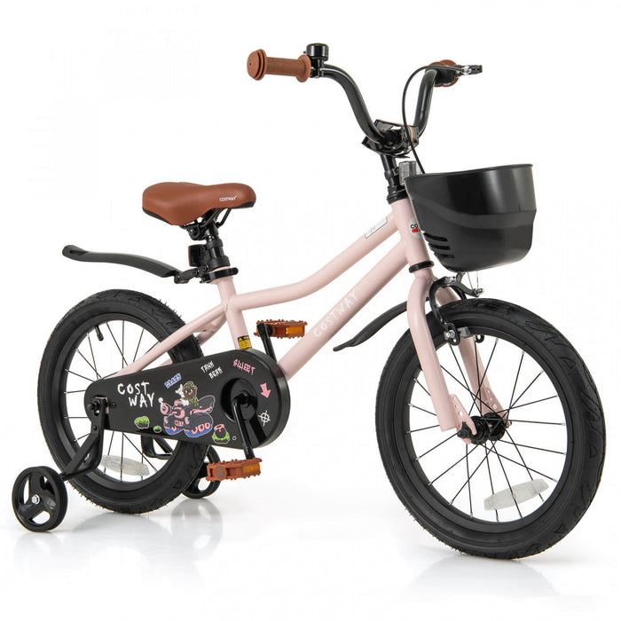 Costway 16\" Velo Pour Enfants Avec Roues D'entrainement Guidon Reglable Et Frein A Main De Siege Rose