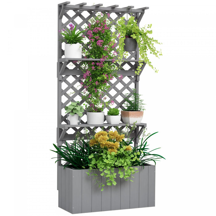 Outsunny Lit de jardin sureleve avec treillis et etagere a plantes, gris