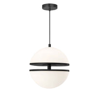 Luminaire suspendu Atomic de Dainolite en verre blanc, avec fini noir mat et ampoule de 30 W