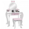 Qaba Coiffeuse Pour Enfants Avec Miroir Et Tabouret, Coiffeuse Pour Filles Avec Tiroir, Boites De Rangement, Vanite De Maquillage Design Lapin, Pour 3-6 Ans, Blanc
