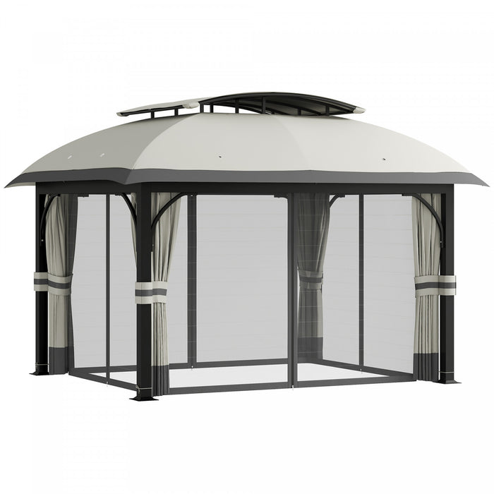 Outsunny Tonnelle A Double Toit 11 x 13' Avec Filet Et Rideaux, Gris Clair