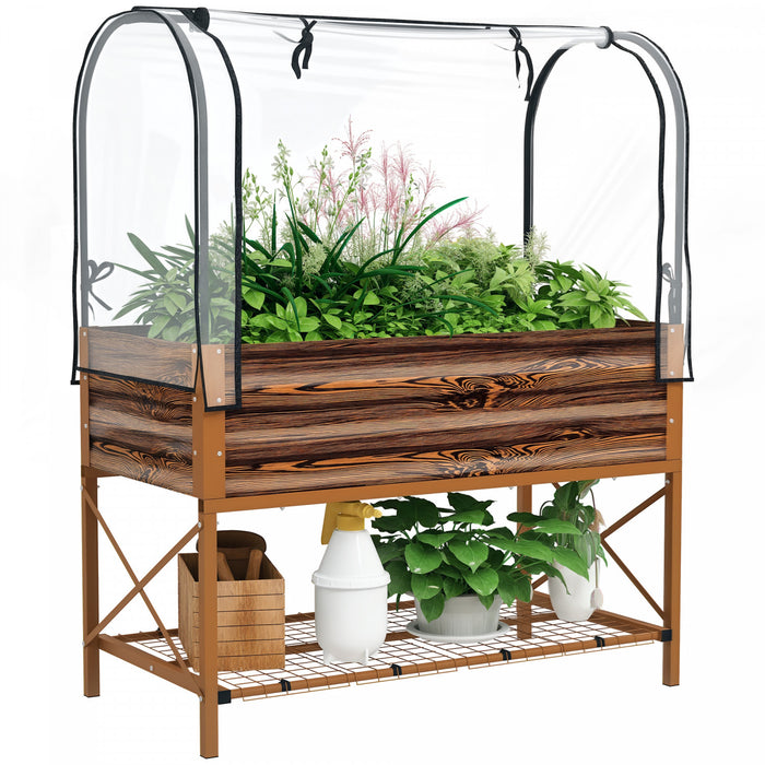 Outsunny Jardiniere Surelevee Metal avec Serre, Effet Bois Brun Fonce