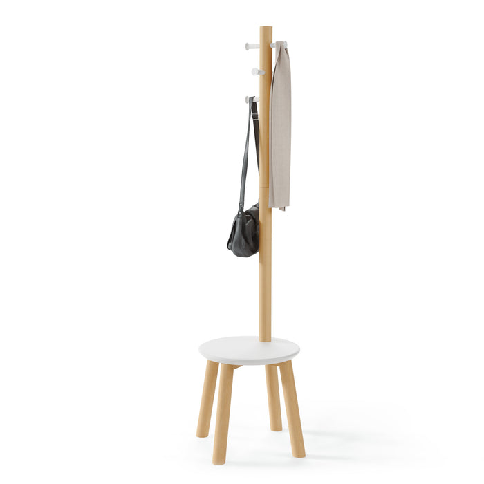 Portemanteau et tabouret modernes Pillar de Umbra en bois - blancs et naturels