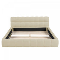 Lit plateforme rembourre Jessica avec tissu en lin confortable et cadre robuste, taille Queen, beige