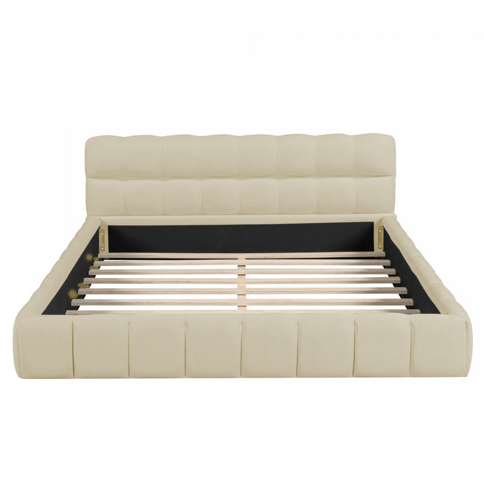 Lit plateforme rembourre Jessica avec tissu en lin confortable et cadre robuste, taille Queen, beige