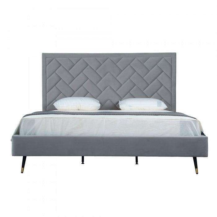 Lit king moderne Crosby en velours gris capitonne