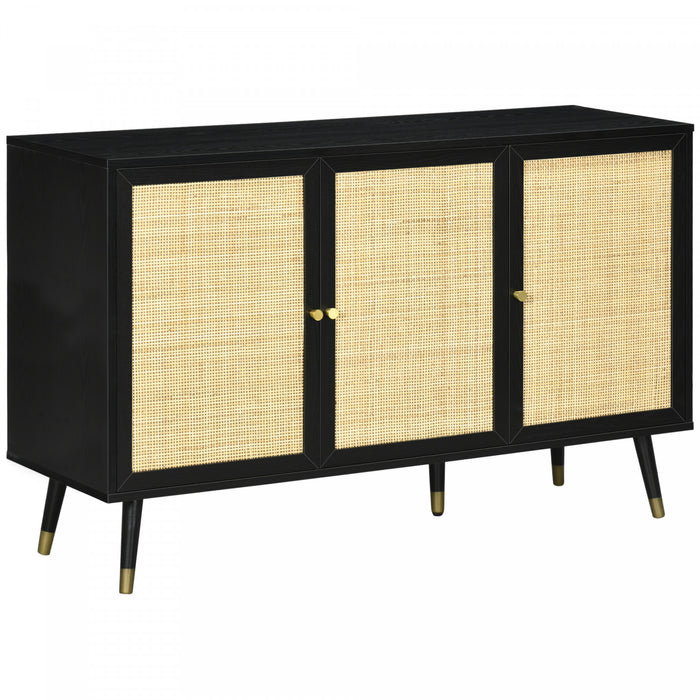 HOMCOM Buffet de cuisine avec 3 etageres portes en rotin, Noir