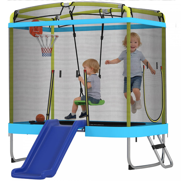 Qaba Trampoline pour Enfants 70\" x 47\", Trampoline d'Interieur et Exterieur avec Toboggan, Balancoire, Panier de Basket, Echelle et Filet de Securite, Bleu Clair