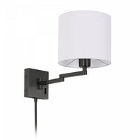 Applique murale Dainolite de Dainolite avec abat-jour cylindrique blanc, bras articulé et fini noir mat