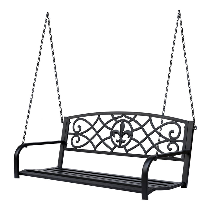 Outsunny 50\"l Balancoire De Porche En Acier Fleur-de-lis Banc De Jardin Suspendu Siege De Chaise De Planeur D'exterieur Pour 2 Personnes Avec Chaine Patio De Pelouse De Style Antique Avec Chaine Noir