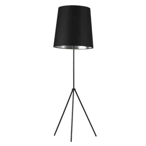 Lampe à pied Tripod de Dainolite avec abat-jour cylindrique effilé noir et argenté, 3 pattes et fini noir mat