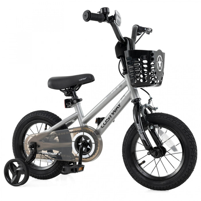 Costway 12\" Velo Pour Enfants Avec Roues D'entrainement Guidon Reglable Et Frein A Main De Siege Argent