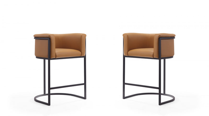 Tabouret de comptoir moderne du milieu du siecle en metal et tissu, coloris camel, lot de 2
