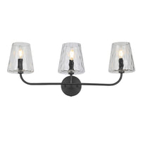 Lumière de coiffeuse Eleanor de Dainolite en verre martelé transparent, avec fini noir mat et 3 ampoules
