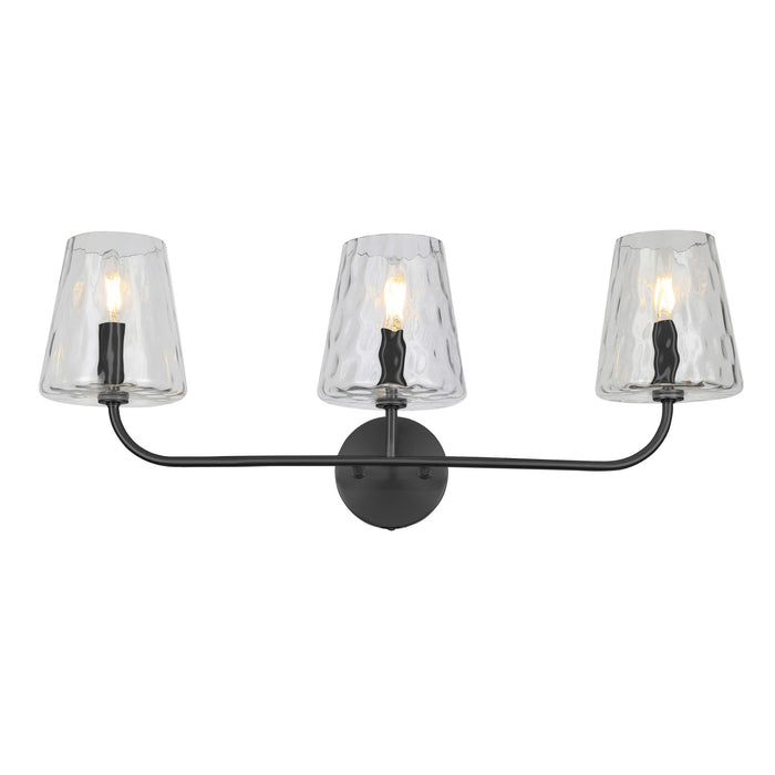 Lumière de coiffeuse Eleanor de Dainolite en verre martelé transparent, avec fini noir mat et 3 ampoules