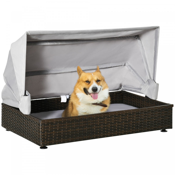 Pawhut Niche Pour Chien En Osier Avec Toit Pliable, Canape Sureleve Pour Animal De Compagnie, Lit Chien Chat En Rotin Interieur Et Exterieur, Pour Chiens De Petite Ou Moyenne Taille, Cafe