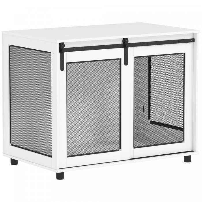Pawhut Meuble Pour Cage De Chien, 39\" Table D'extremite De Niche Pour Chien Avec Porte Coulissante, Cage De Style Meuble Pour Grands Chiens, Blanc