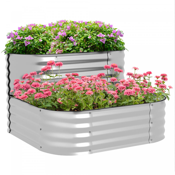 Outsunny Kit De Jardiniere Surelevee A 2 Niveaux, 3.4x3.4x1pi Jardiniere D'exterieur Galvanisee Avec Bordure De Securite Pour Legumes, Fleurs, Fruits Et Herbes, Argent