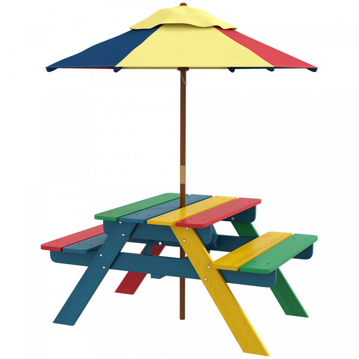 Outsunny Ensemble De Table De Pique-nique Pour Enfants Avec Parasol Amovible, Table Et Chaises D'exterieur En Bois Pour Enfants Pour Jardin, Garcons Et Filles De 3 A 6 Ans, Multicolore