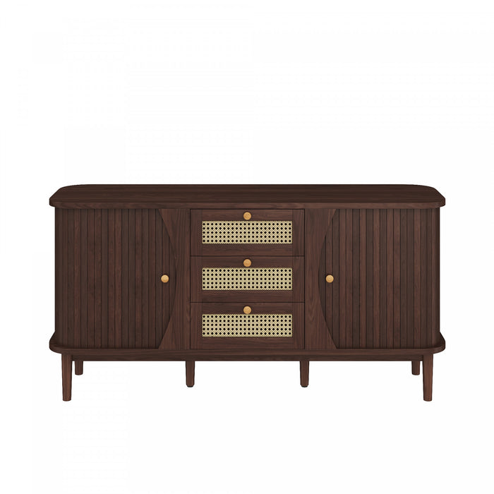 James 55.3\" Cabinet Moderne Minimaliste en Bois avec Portes Coulissantes et Etageres Ajustables, Marron Fonce