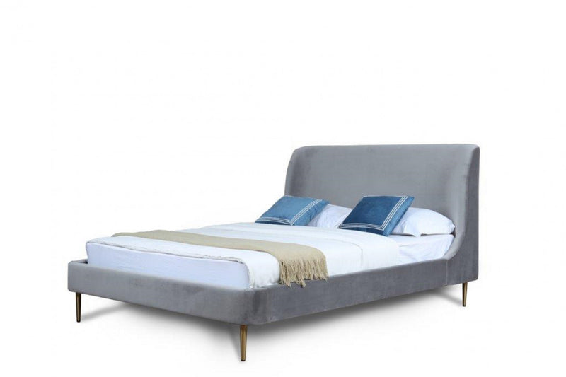 Lit Queen Heather style milieu du siecle moderne, rembourre en velours gris et or