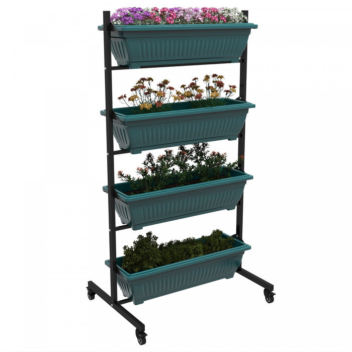 Outsunny Lit De Jardin Sureleve Vertical De 4 Niveaux Avec 4 Boites De Planteur, Roues, Support De Plante Exterieur Cultivent Le Conteneur Avec Des Trous Qui Fuient Pour Patio De Balcon, Vert