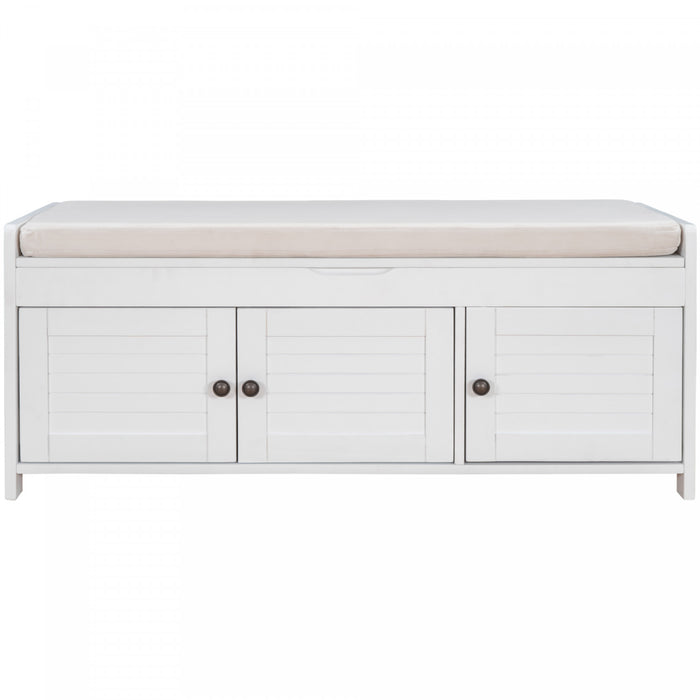 Banc De Rangement Olivia En Pin Avec Meuble A Chaussures 3 Portes Et Compartiment Cache, Blanc