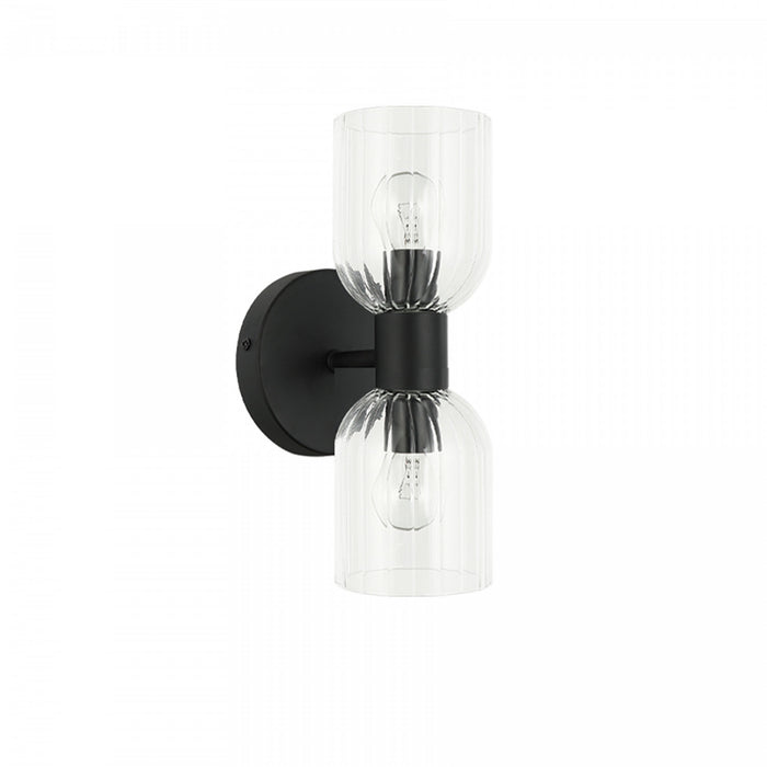 Applique murale Vienna de Dainolite en verre côtelé transparent, avec fini noir mat et 2 ampoules incandescentes