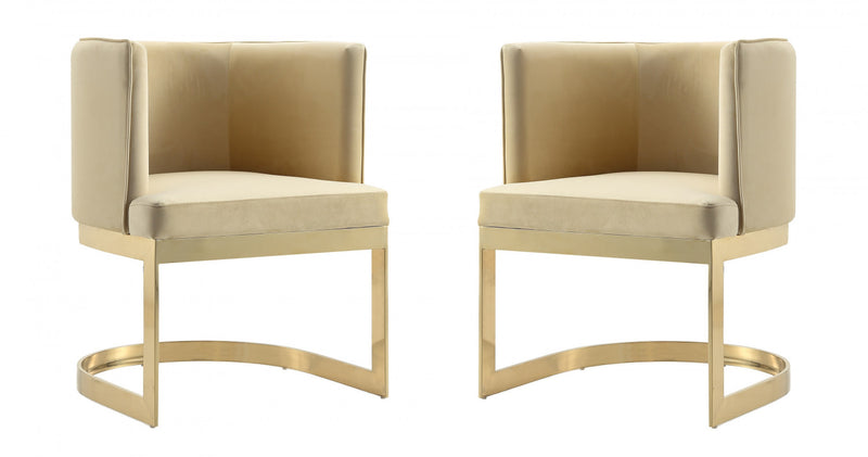 Chaise de salle a manger moderne en velours et metal Aura couleur sable - Lot de 2