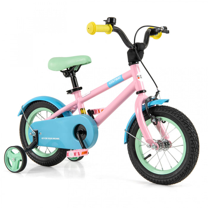 Costway 12\" Velo Pour Enfants Avec Guidon Reglable De Selle Roues D'entrainement Amovibles Frein A Main Rose