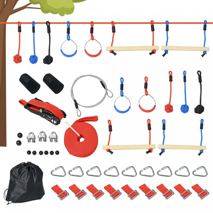 Outsunny Ensemble Ninja Slackline, 30 Pieces, Corde de 10m avec Obstacles, Structure d'Escalade Exterieure, Equipement d'Entrainement pour Enfants de 3 a 6 Ans, Anneaux de Gymnastique, Cordes