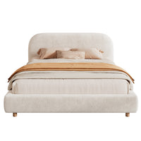 Lit plateforme Laurel avec coffre de rangement a levage hydraulique, tapisserie bouclee et espace de rangement cache sous le lit, taille Queen, blanc