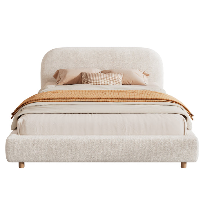 Lit plateforme Laurel avec coffre de rangement a levage hydraulique, tapisserie bouclee et espace de rangement cache sous le lit, taille Queen, blanc