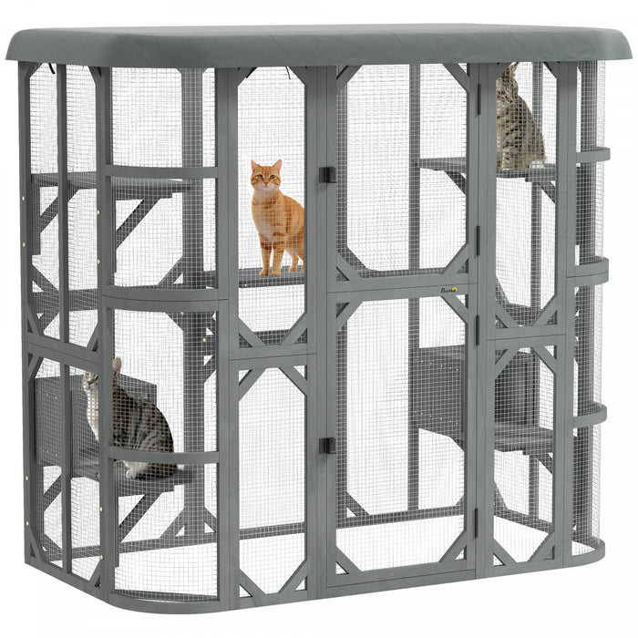 Enclos Exterieur pour Chats, Maison en Bois avec Design Accessible a Pied