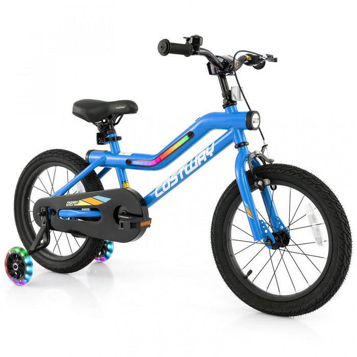 Costway 16\" Led Eclaire Velo Pour Enfants Avec Siege Reglable Coaster Frein Roues D'entrainement Bleu