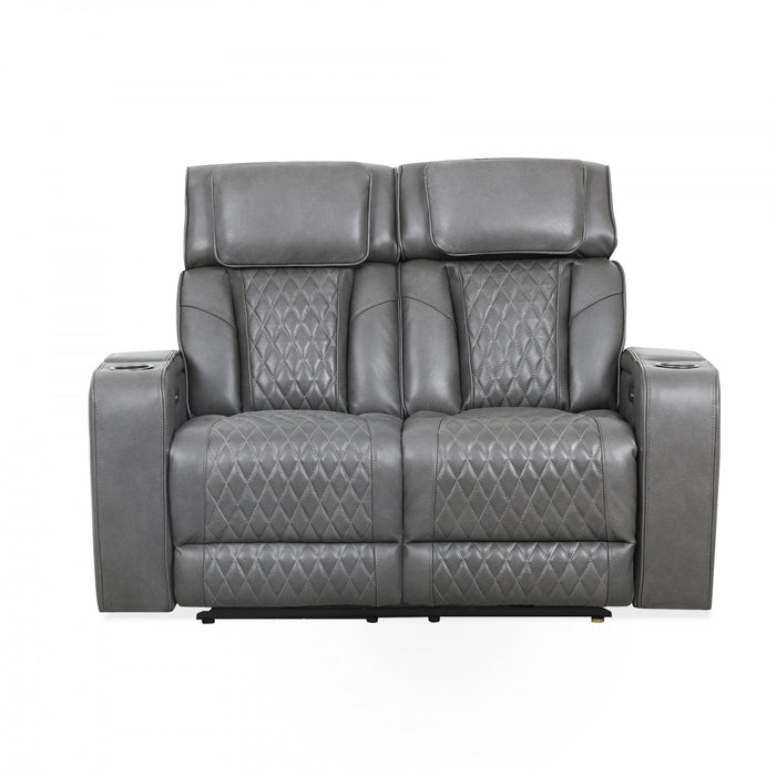 Causeuse inclinable electrique Kingsley de 58 po en cuir assorti avec rangement dans les accoudoirs et USB - Charbon