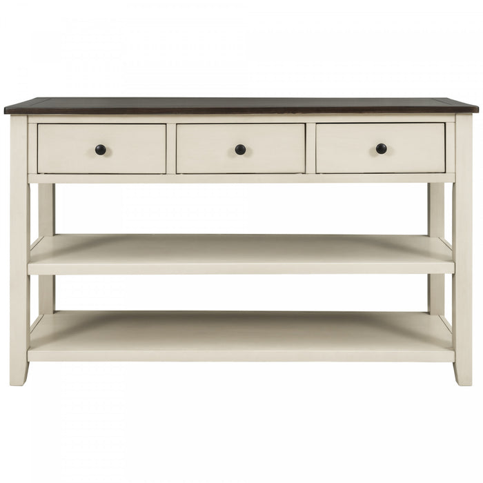 Console Wendy En Bois Massif Avec 3 Tiroirs Et 2 Etageres Ouvertes, Beige