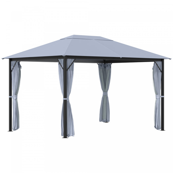 Outsunny 13' X 10' Gazebo Canopy Abri De Fete Avec Cadre En Acier, Rideaux, Parois Laterales En Filet, Gris Clair