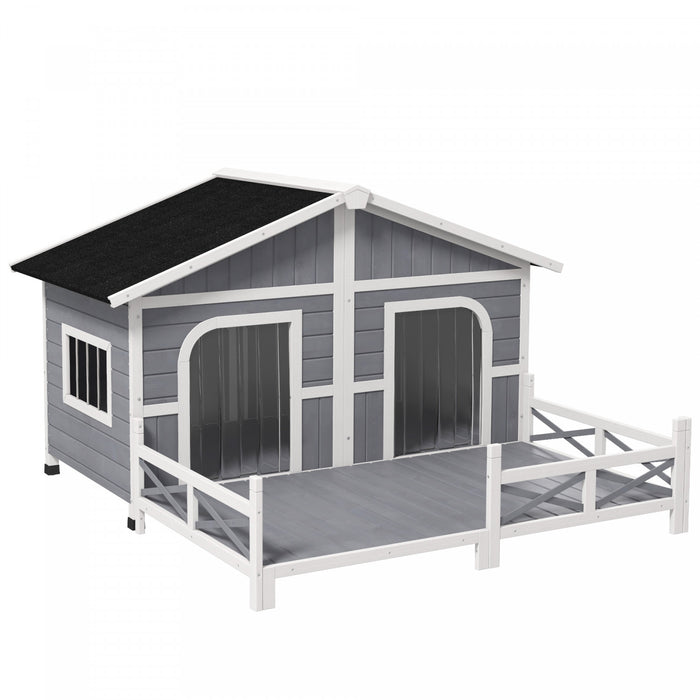 Pawhut 59\" X 64\" X 39\" Bois Grande Niche Pour Chien Style Cabine Elevee Abri Pour Animaux De Compagnie Avec Terrasse De Porche Gris